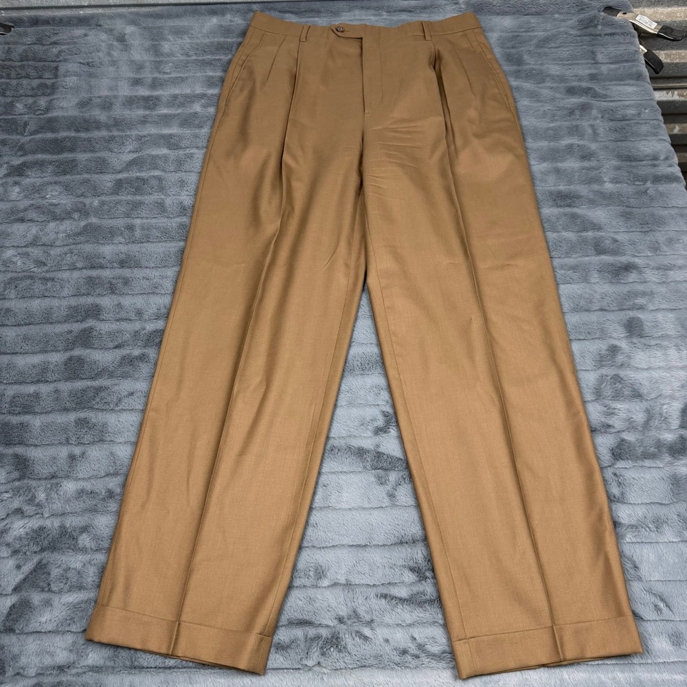 Hart Schaffner Marx Mens Super 100s Wool Pleated Cuffed Dress Pants Tan 34x30